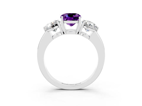 White gold Cushion Cut Amethyst Three-Stone Ring with Prong Setting and Classic Band_3