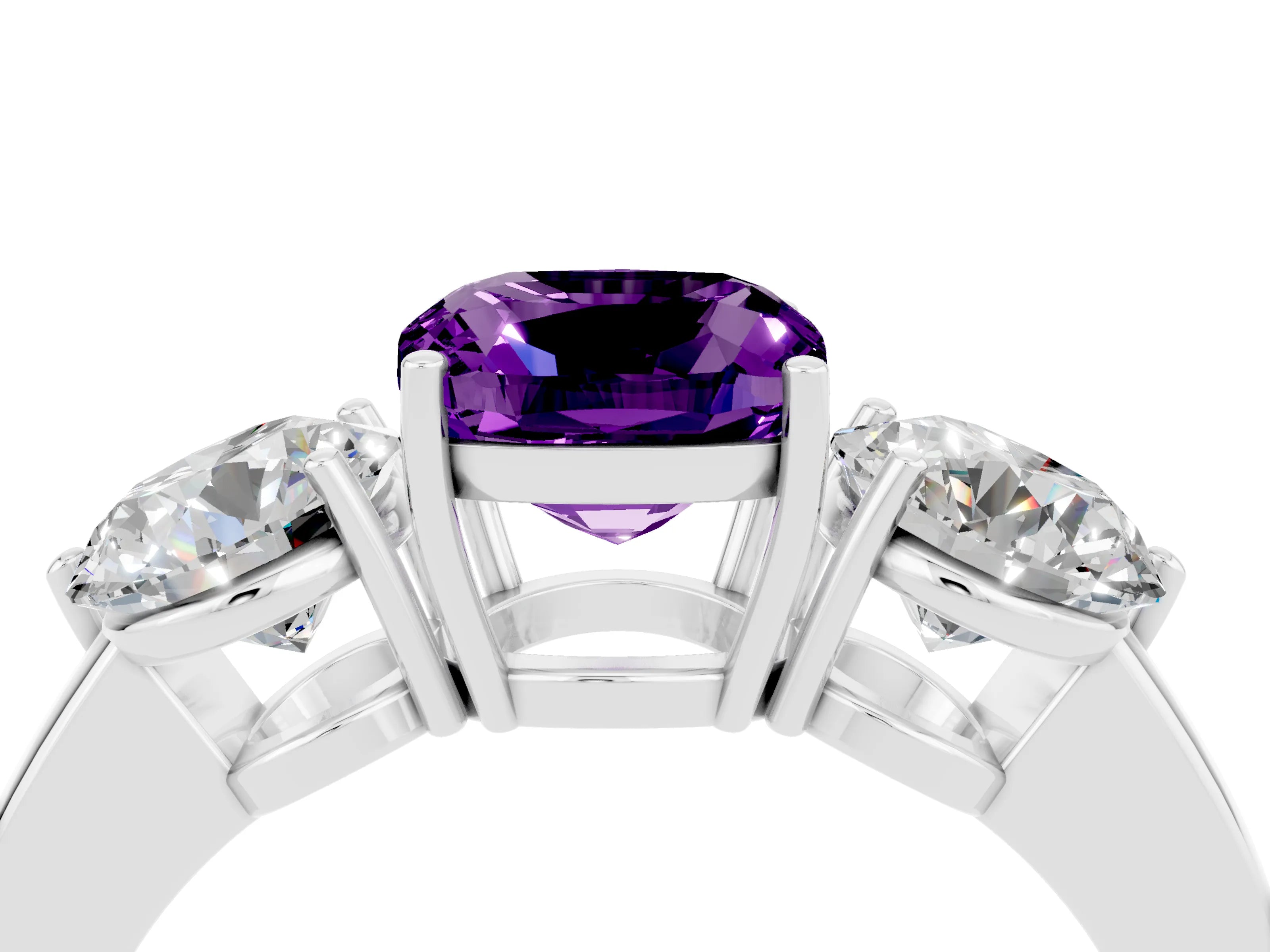 White gold Cushion Cut Amethyst Three-Stone Ring with Prong Setting and Classic Band_4