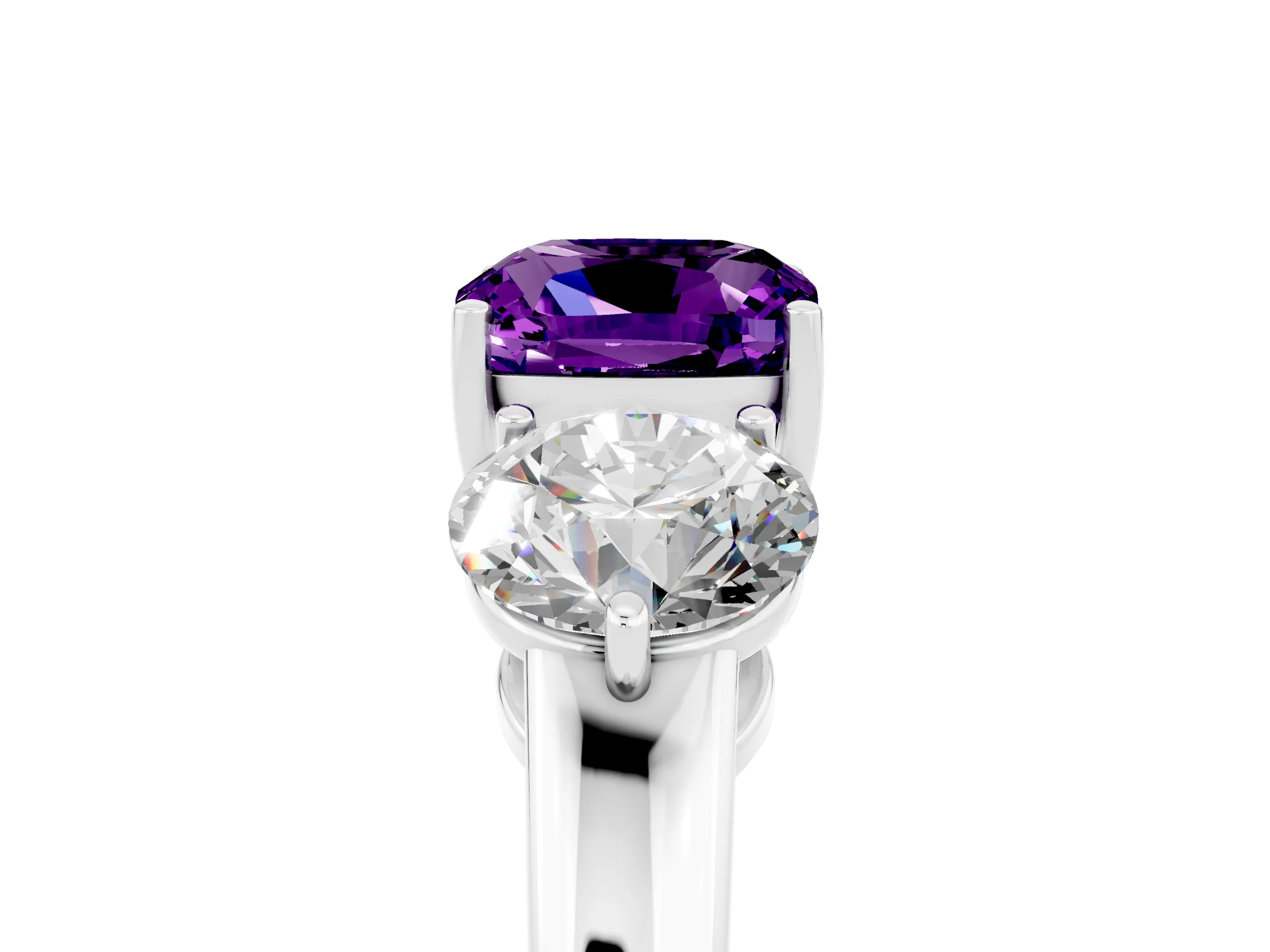 White gold Cushion Cut Amethyst Three-Stone Ring with Prong Setting and Classic Band_5