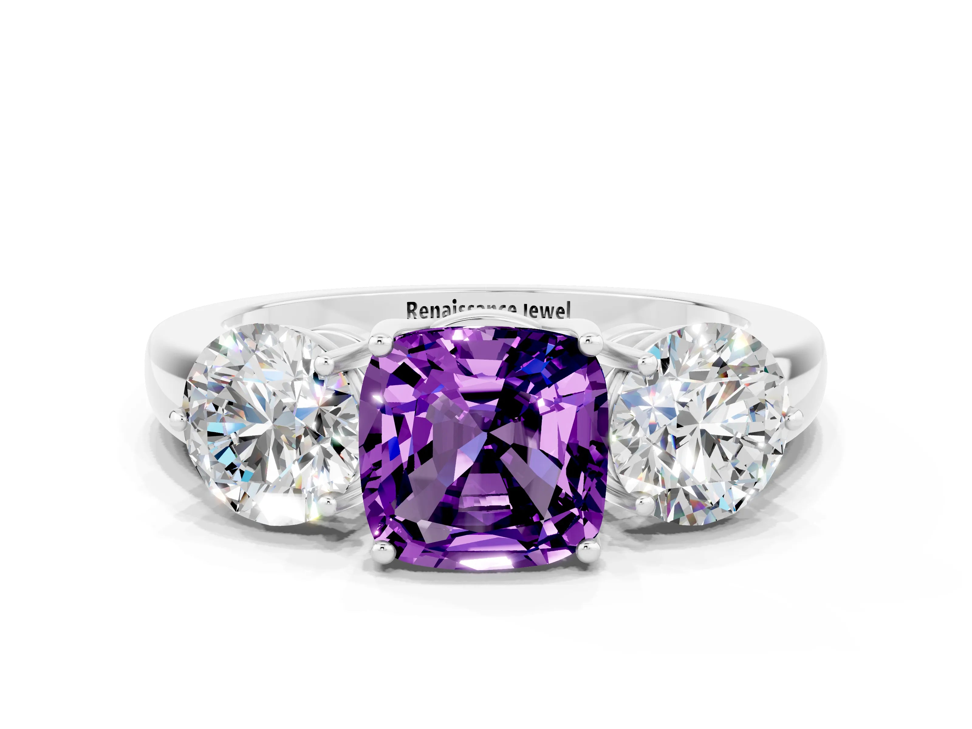 White gold Cushion Cut Amethyst Three-Stone Ring with Prong Setting and Classic Band
