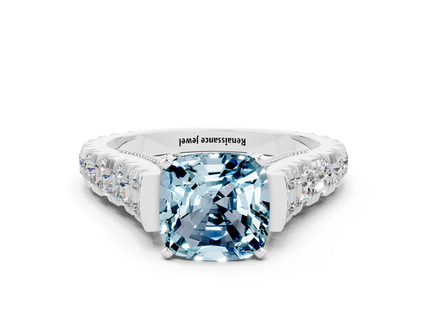 Platinum Cushion Cut Aquamarine Classic Solitaire Ring with Pavé Band and Four-Prong Setting