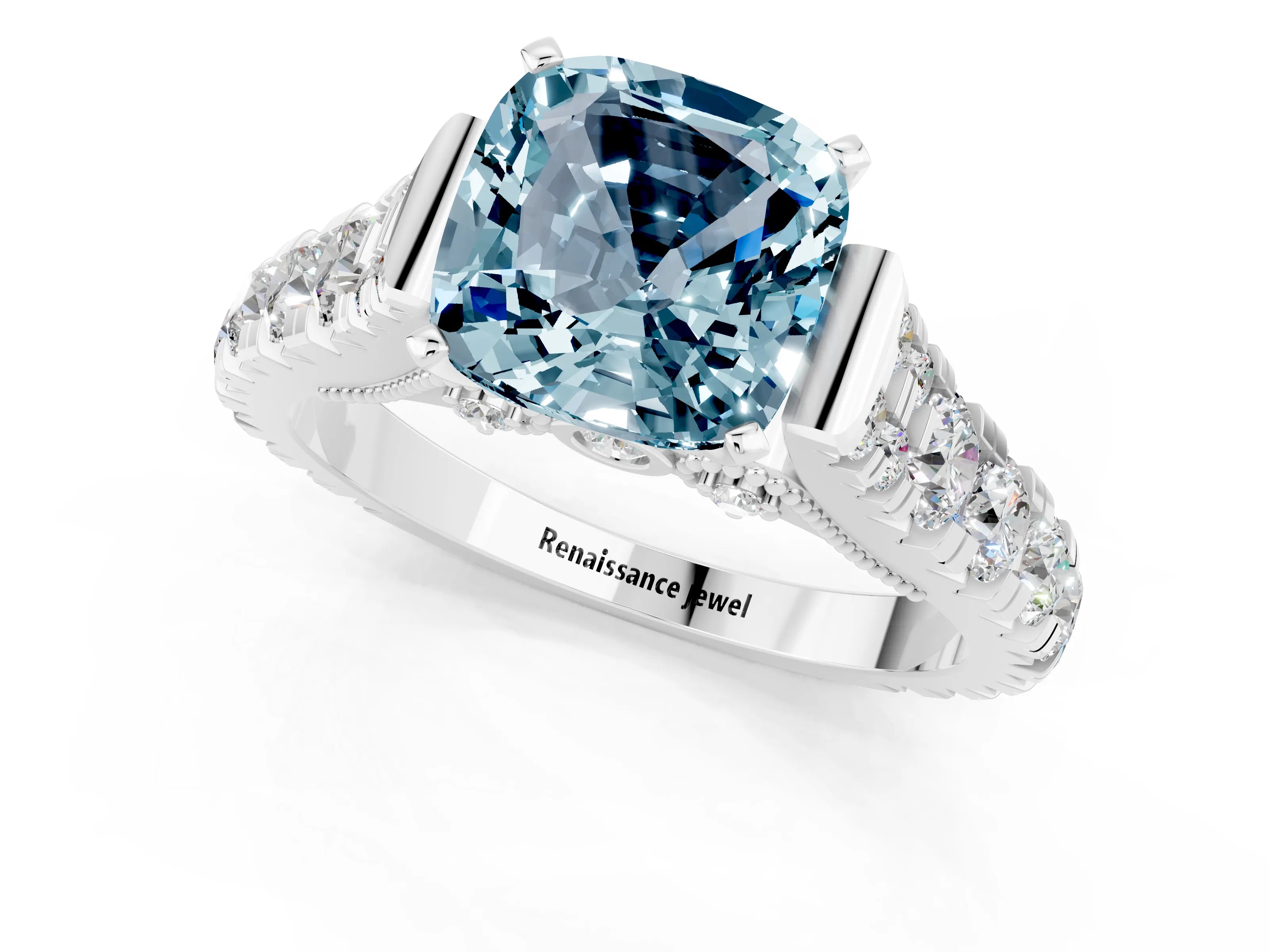 White gold Cushion Cut Aquamarine Classic Solitaire Ring with Pavé Band and Four-Prong Setting_1