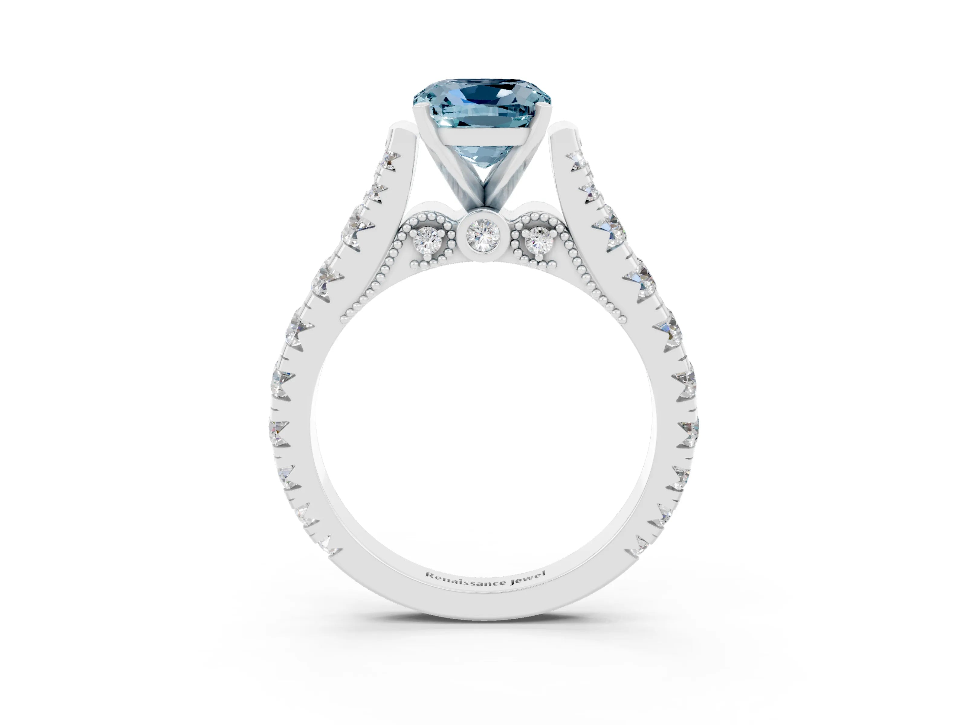 White gold Cushion Cut Aquamarine Classic Solitaire Ring with Pavé Band and Four-Prong Setting_3