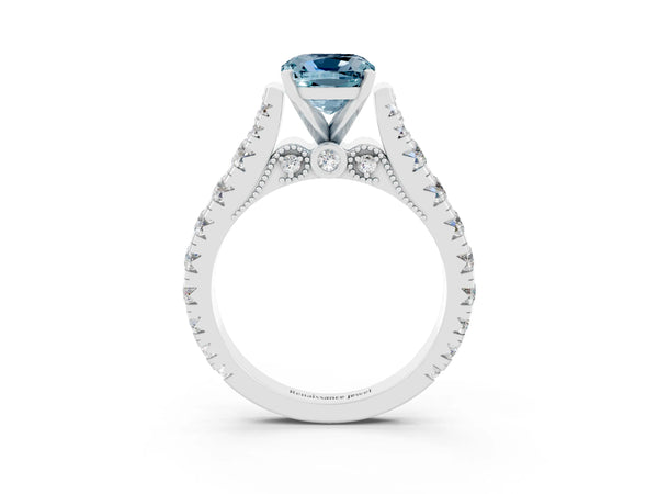 White gold Cushion Cut Aquamarine Classic Solitaire Ring with Pavé Band and Four-Prong Setting