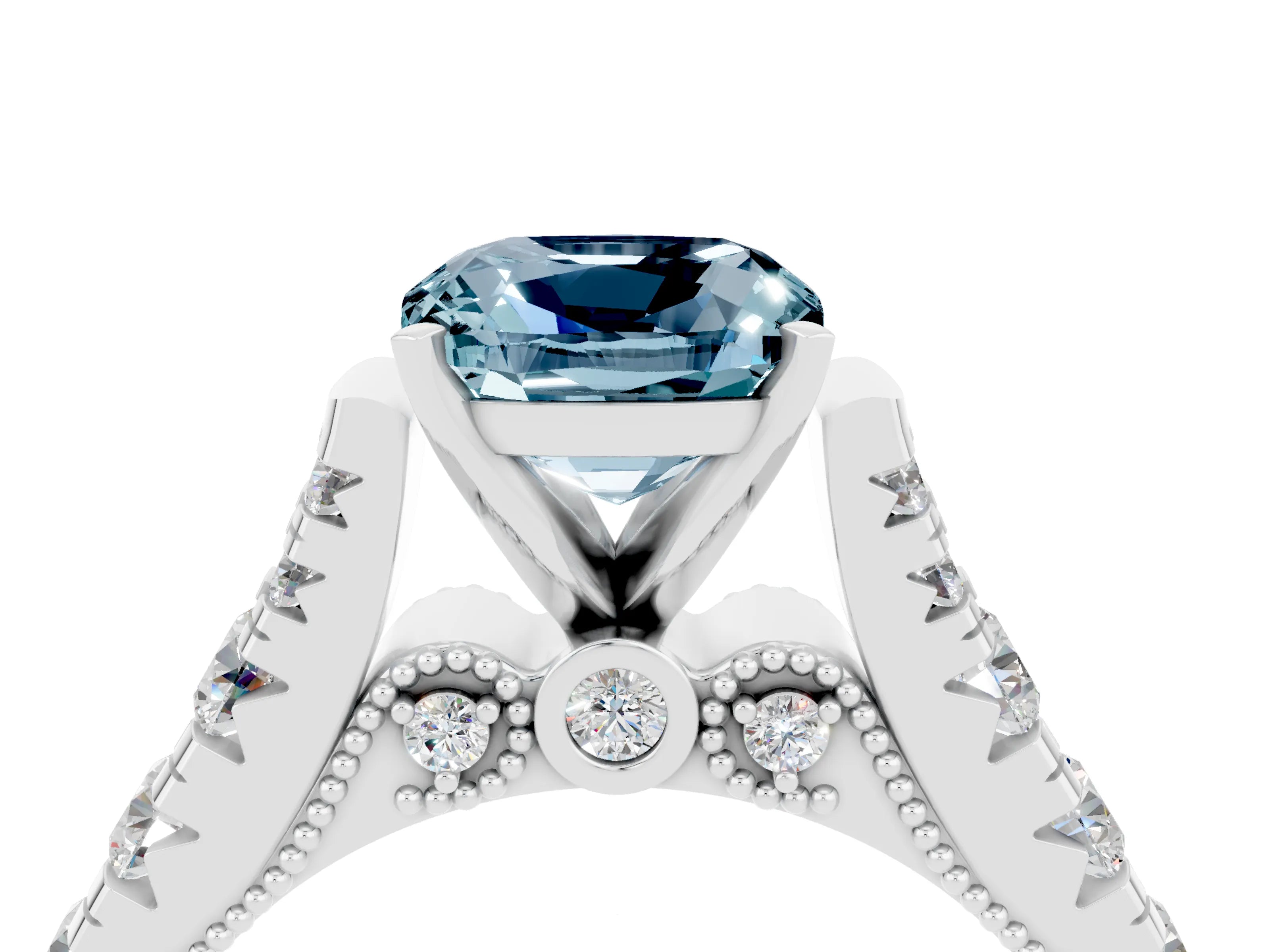 White gold Cushion Cut Aquamarine Classic Solitaire Ring with Pavé Band and Four-Prong Setting_4
