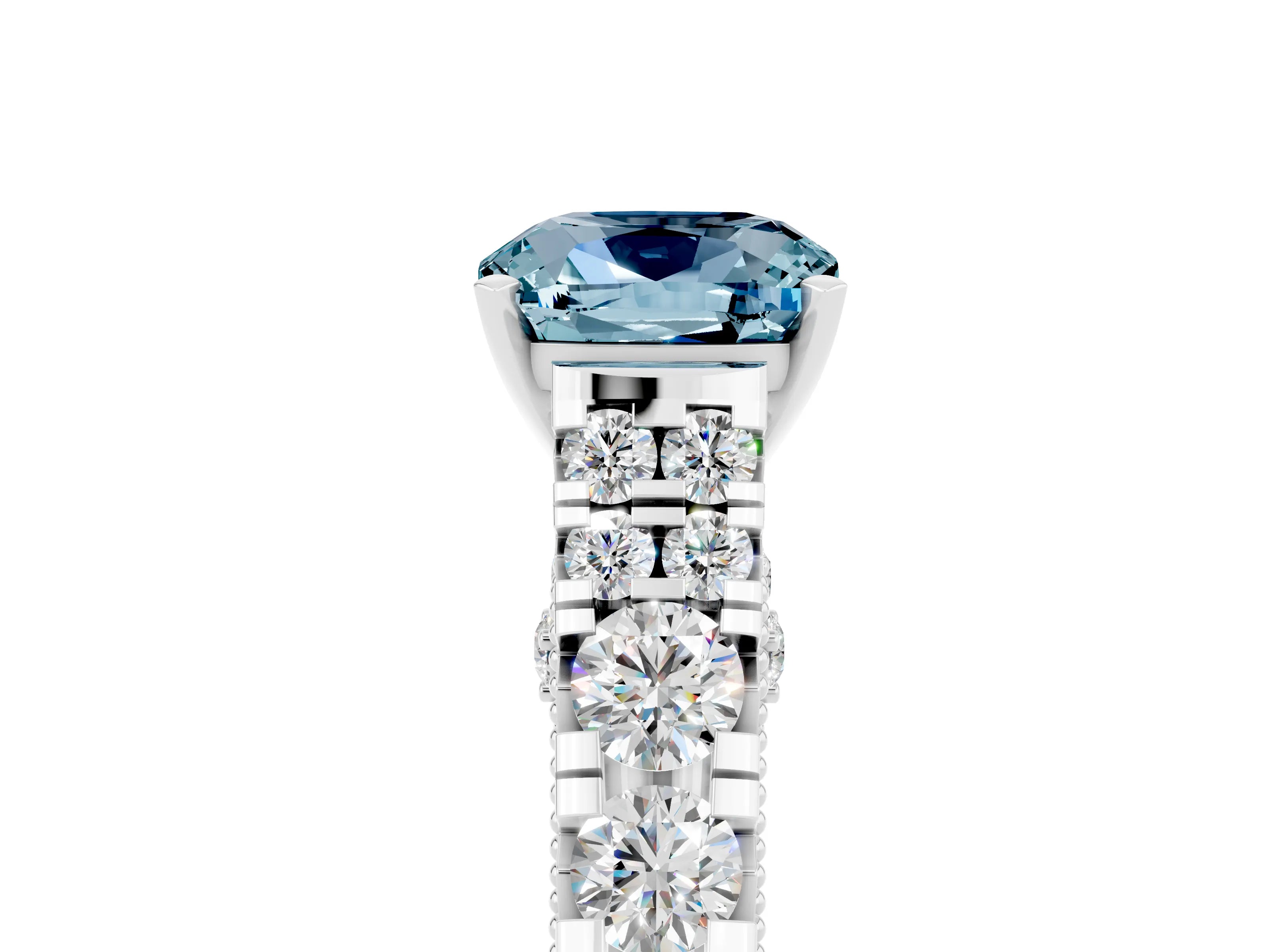 White gold Cushion Cut Aquamarine Classic Solitaire Ring with Pavé Band and Four-Prong Setting_5