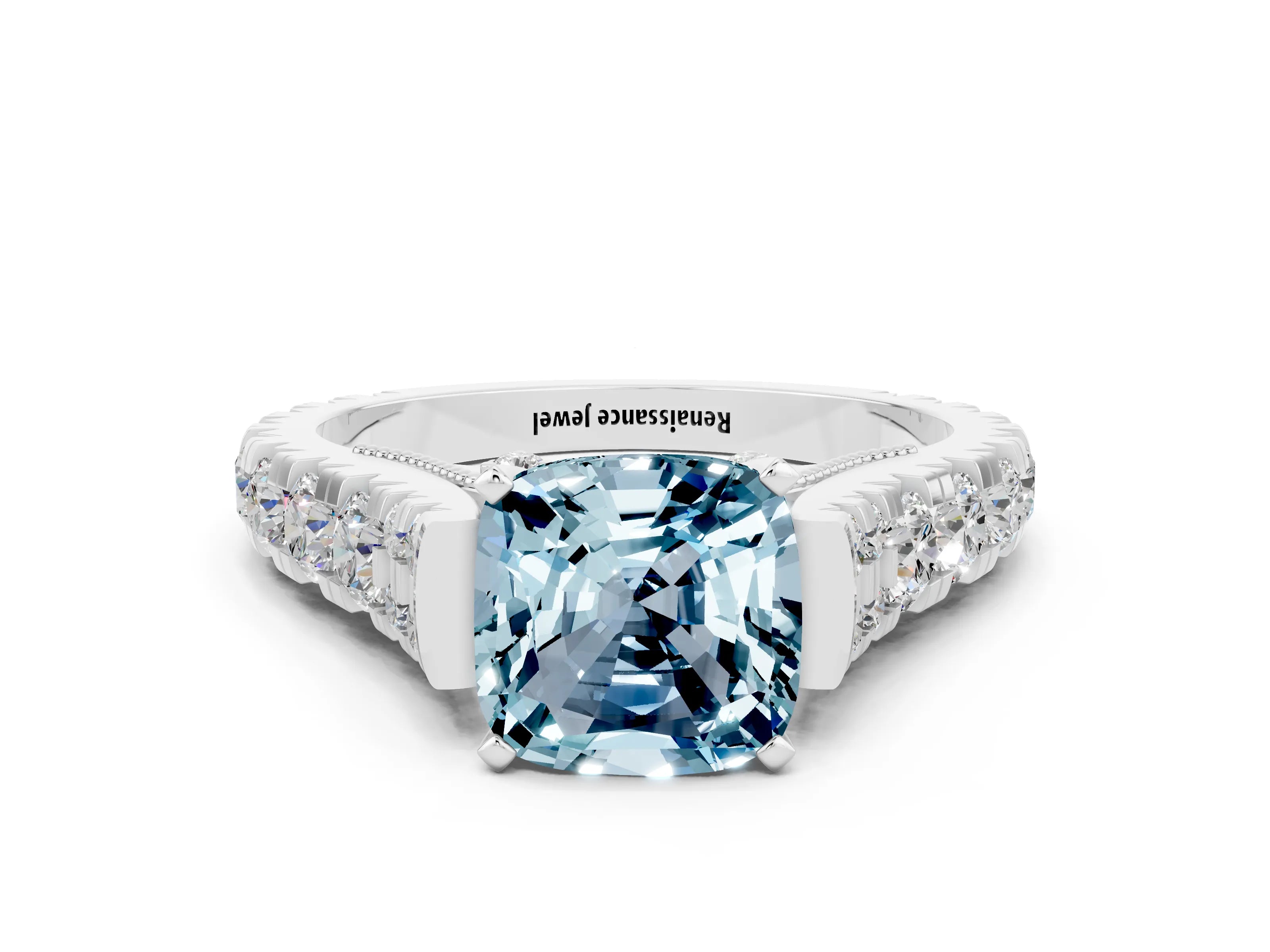 White gold Cushion Cut Aquamarine Classic Solitaire Ring with Pavé Band and Four-Prong Setting