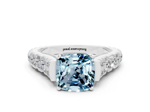 White gold Cushion Cut Aquamarine Classic Solitaire Ring with Pavé Band and Four-Prong Setting