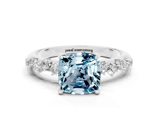 Platinum Cushion Cut Aquamarine Cluster Side Stone Solitaire Ring with Prong Setting