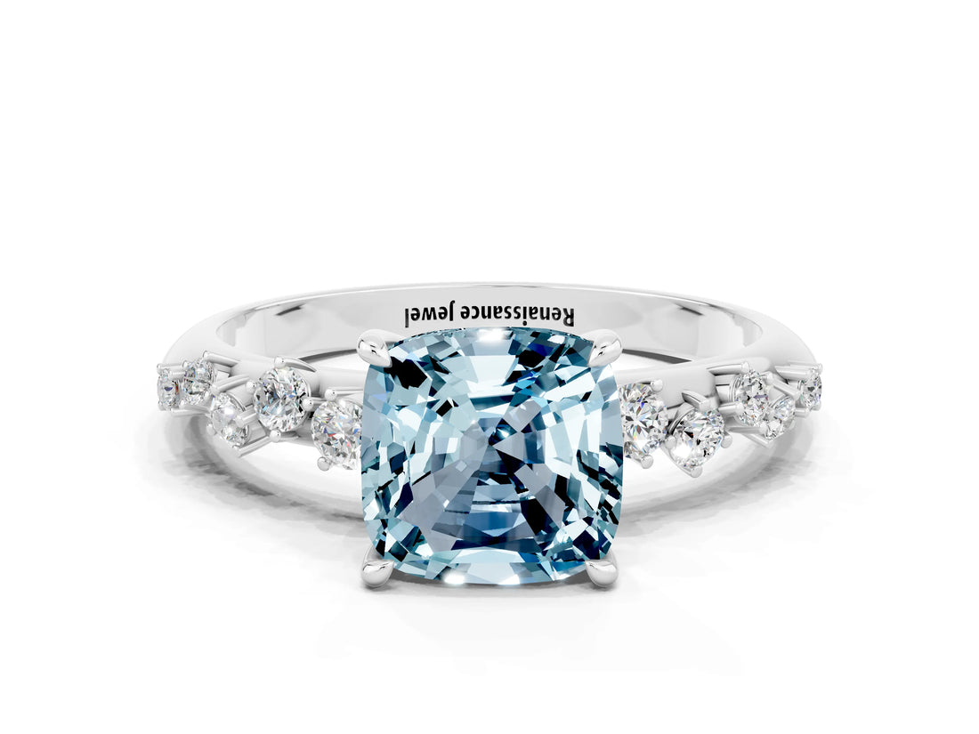 White gold Cushion Cut Aquamarine Cluster Side Stone Solitaire Ring with Prong Setting_24