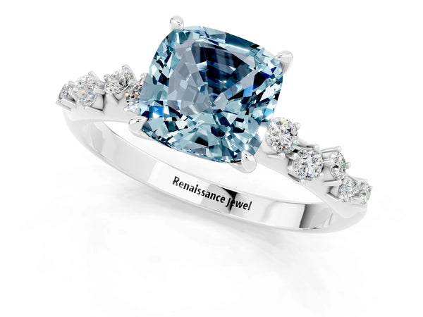 White gold Cushion Cut Aquamarine Cluster Side Stone Solitaire Ring with Prong Setting