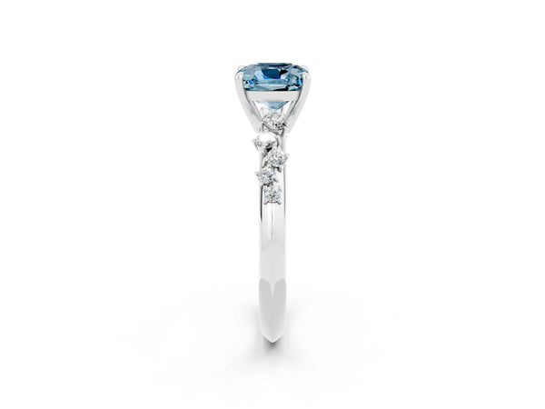 White gold Cushion Cut Aquamarine Cluster Side Stone Solitaire Ring with Prong Setting