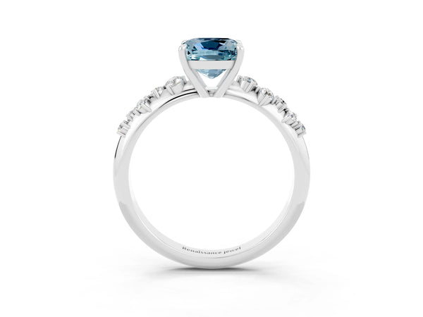 Platinum Cushion Cut Aquamarine Cluster Side Stone Solitaire Ring with Prong Setting