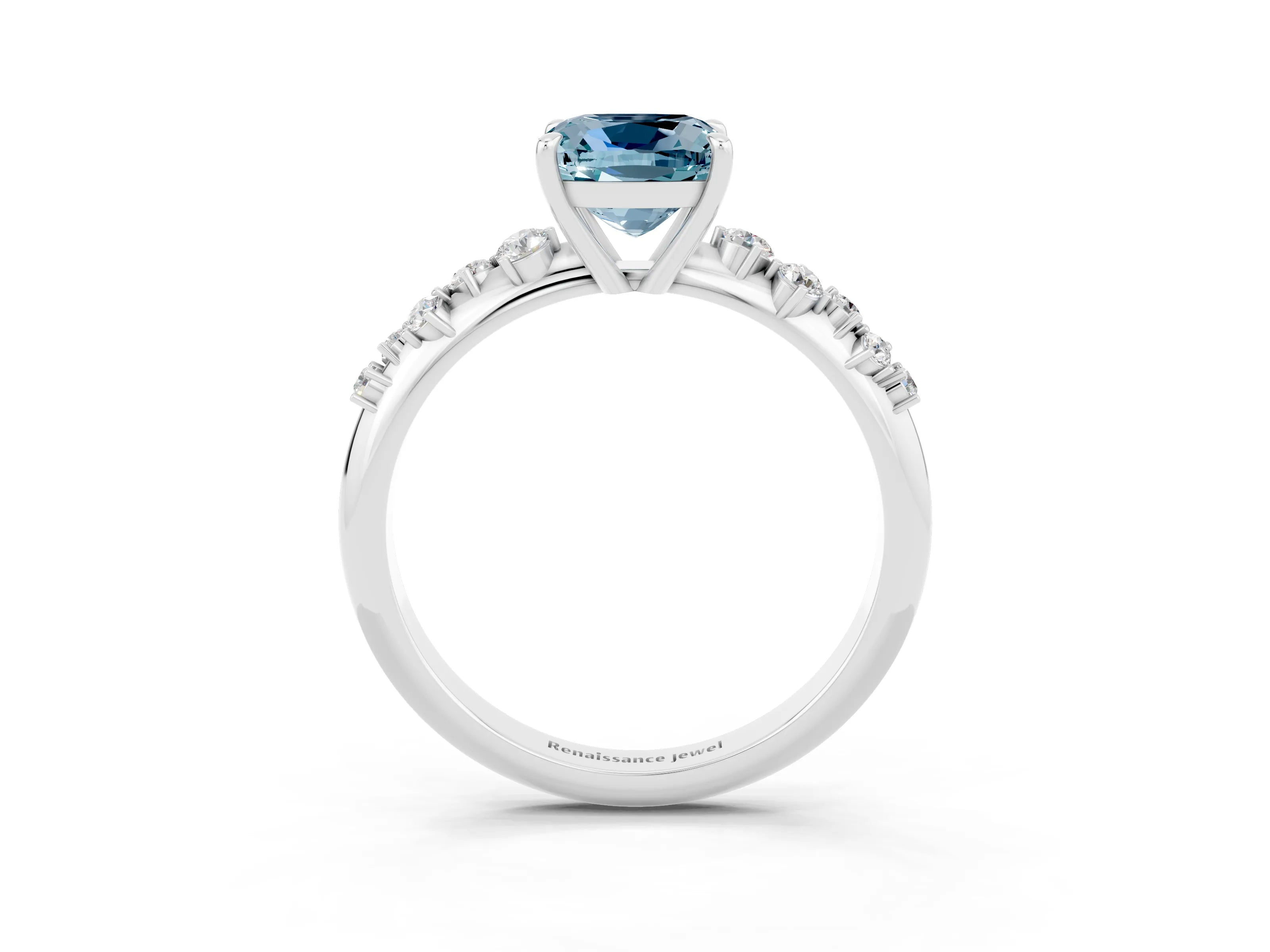 White gold Cushion Cut Aquamarine Cluster Side Stone Solitaire Ring with Prong Setting_27