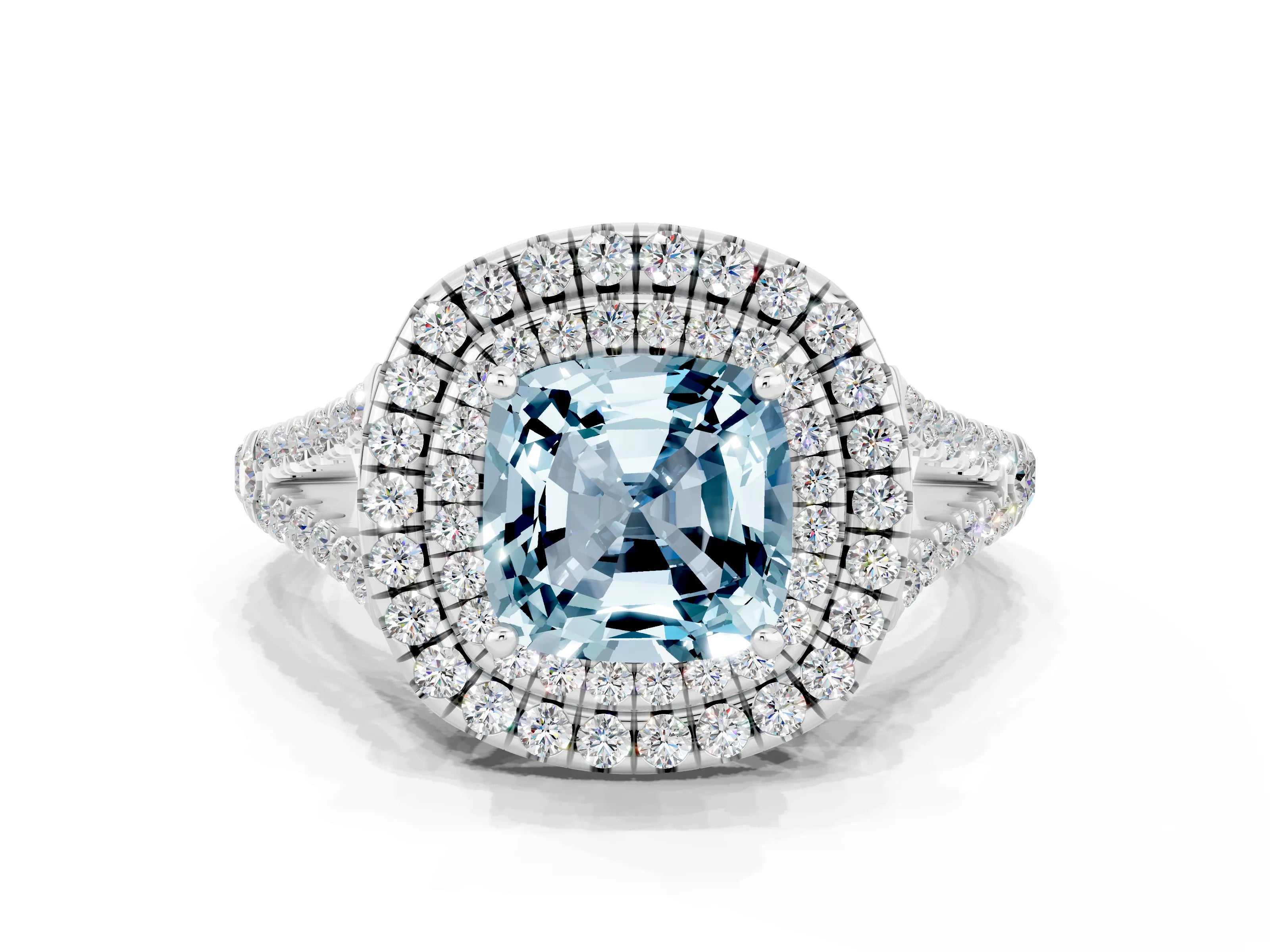 White gold Cushion Cut Aquamarine Double Halo Ring with Pavé Band and Prong Setting_12