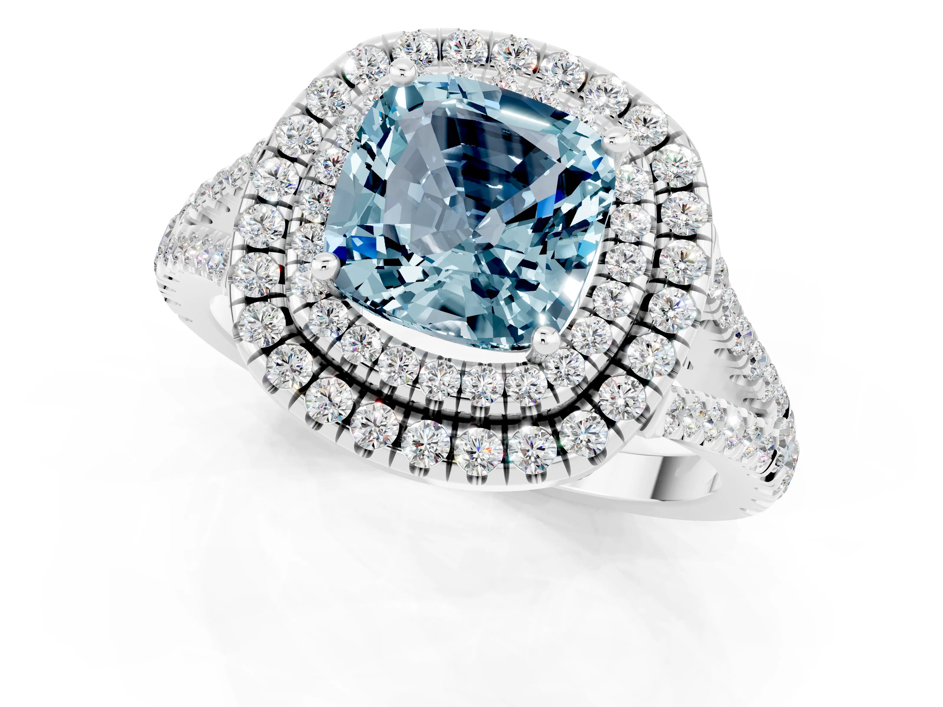 White gold Cushion Cut Aquamarine Double Halo Ring with Pavé Band and Prong Setting_13