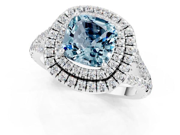 Platinum Cushion Cut Aquamarine Double Halo Ring with Pavé Band and Prong Setting