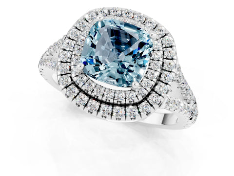 White gold Cushion Cut Aquamarine Double Halo Ring with Pavé Band and Prong Setting_13