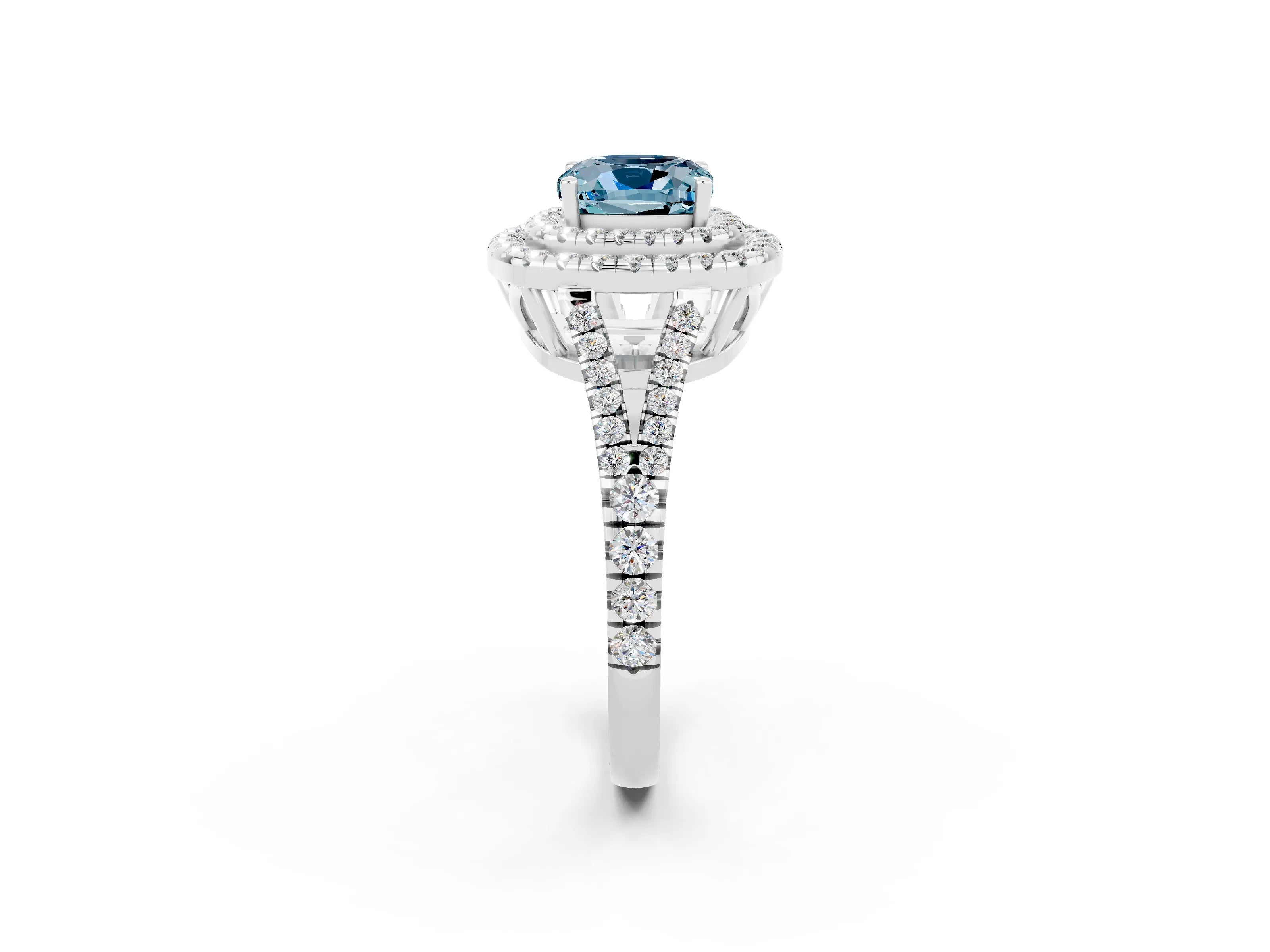White gold Cushion Cut Aquamarine Double Halo Ring with Pavé Band and Prong Setting_14