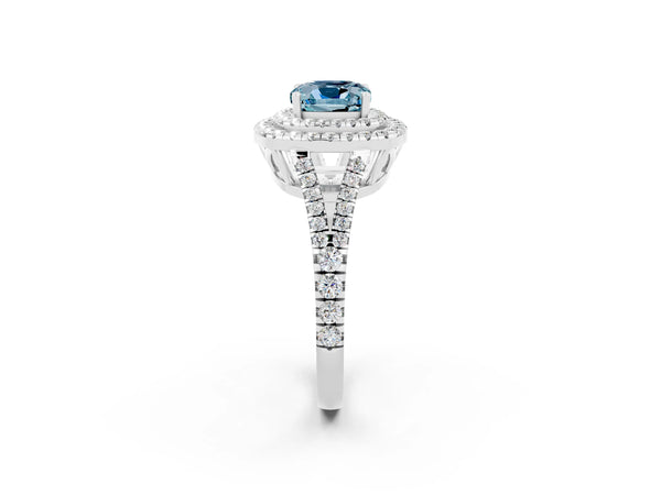 White gold Cushion Cut Aquamarine Double Halo Ring with Pavé Band and Prong Setting