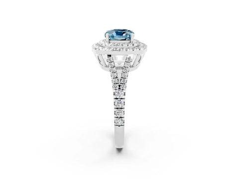 White gold Cushion Cut Aquamarine Double Halo Ring with Pavé Band and Prong Setting_14