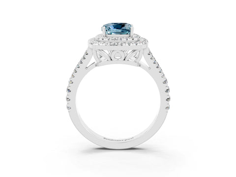 White gold Cushion Cut Aquamarine Double Halo Ring with Pavé Band and Prong Setting_15
