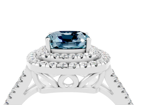 White gold Cushion Cut Aquamarine Double Halo Ring with Pavé Band and Prong Setting_16
