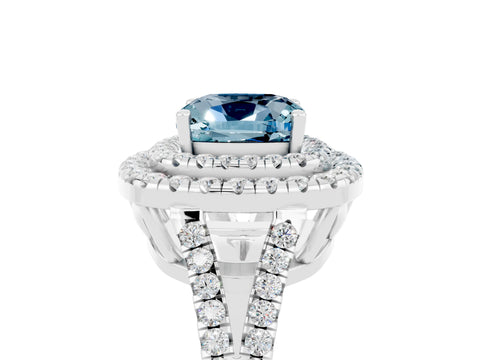 White gold Cushion Cut Aquamarine Double Halo Ring with Pavé Band and Prong Setting_17