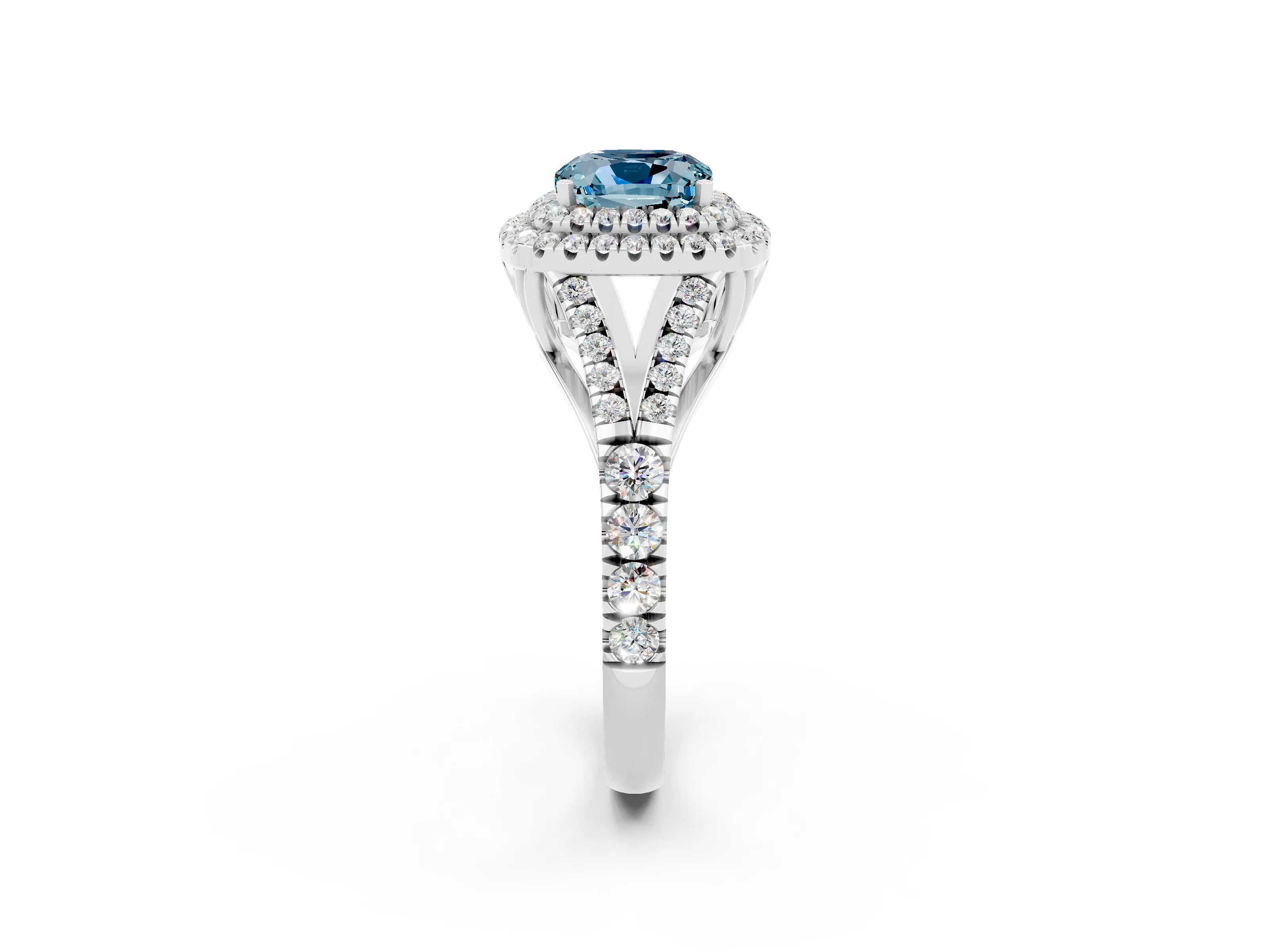 White gold Cushion Cut Aquamarine Double Halo Ring with Split Shank and Prong Setting_62