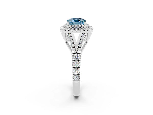Silver Cushion Cut Aquamarine Double Halo Ring with Split Shank and Prong Setting