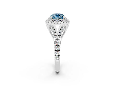 White gold Cushion Cut Aquamarine Double Halo Ring with Split Shank and Prong Setting_62