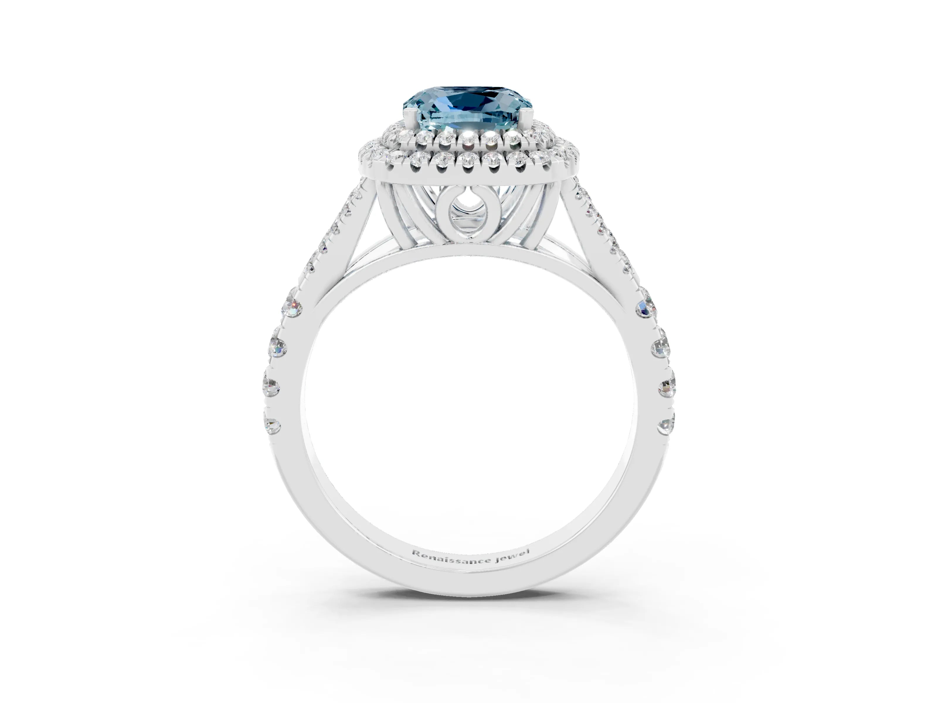 White gold Cushion Cut Aquamarine Double Halo Ring with Split Shank and Prong Setting_63