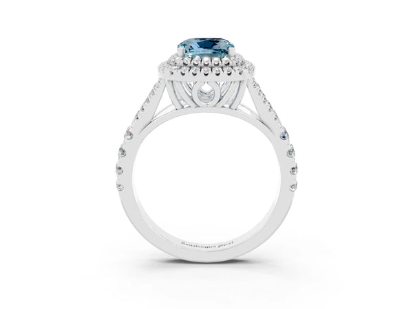 Platinum Cushion Cut Aquamarine Double Halo Ring with Split Shank and Prong Setting
