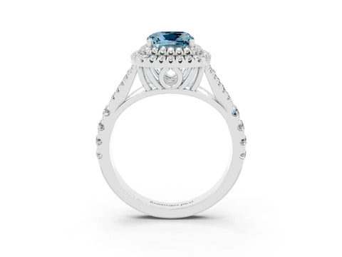 White gold Cushion Cut Aquamarine Double Halo Ring with Split Shank and Prong Setting_67