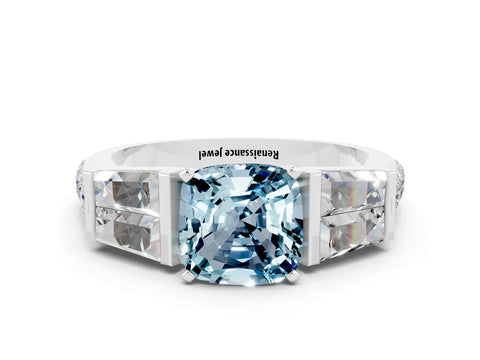 White gold Cushion Cut Aquamarine Engagement Ring with Baguette Side Stones and Channel Set Band