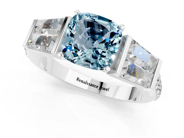 Silver Cushion Cut Aquamarine Engagement Ring with Baguette Side Stones and Channel Set Band