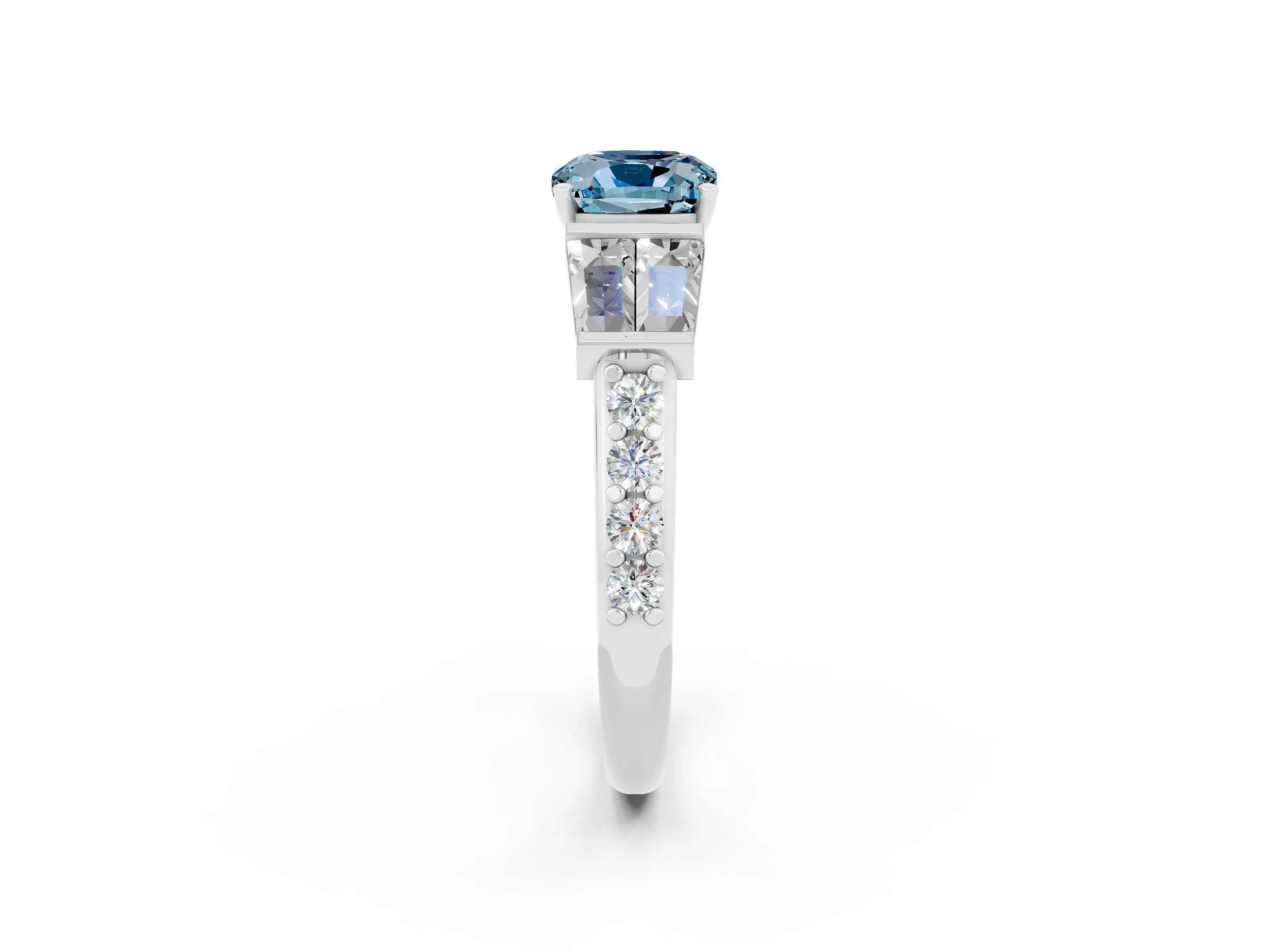 White gold Cushion Cut Aquamarine Engagement Ring with Baguette Side Stones and Channel Set Band_2