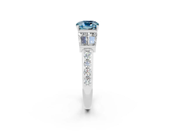 White gold Cushion Cut Aquamarine Engagement Ring with Baguette Side Stones and Channel Set Band