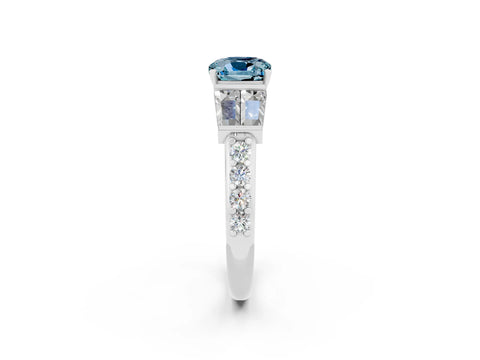 White gold Cushion Cut Aquamarine Engagement Ring with Baguette Side Stones and Channel Set Band_2