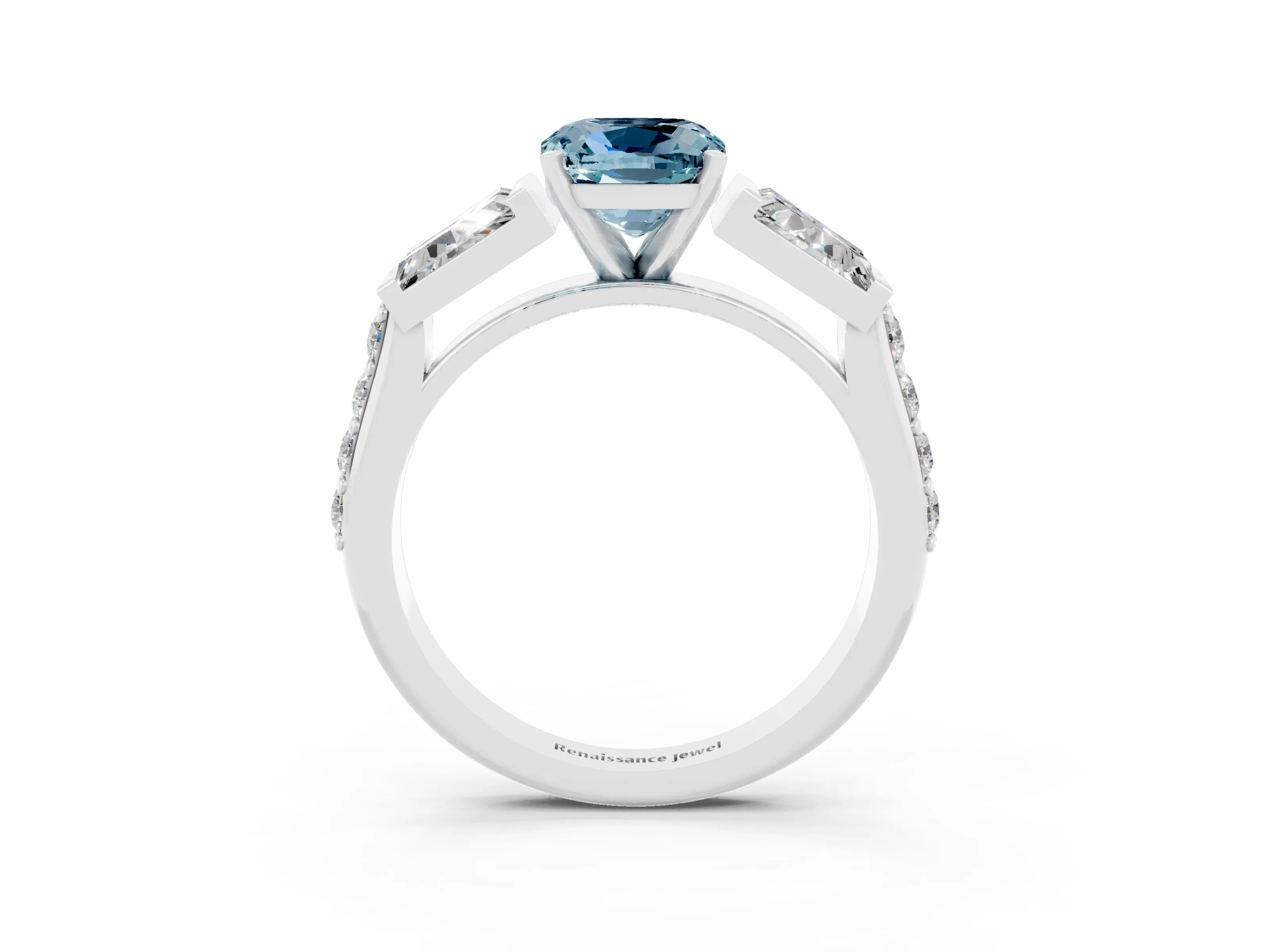 White gold Cushion Cut Aquamarine Engagement Ring with Baguette Side Stones and Channel Set Band_3