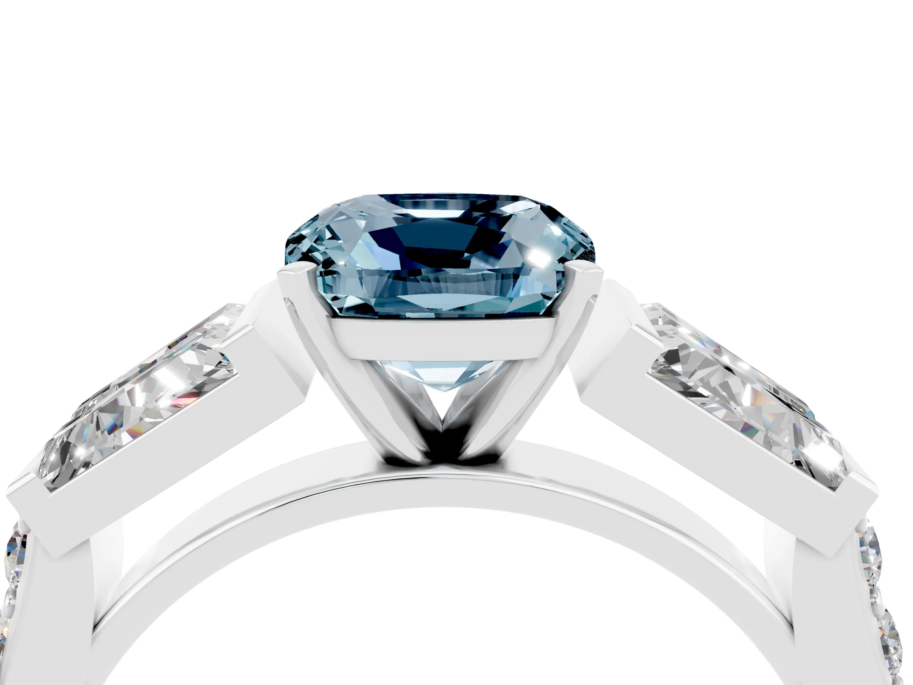 White gold Cushion Cut Aquamarine Engagement Ring with Baguette Side Stones and Channel Set Band_4