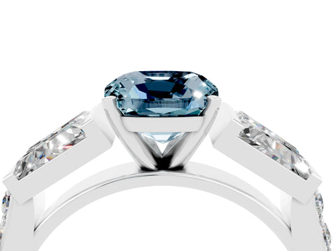 White gold Cushion Cut Aquamarine Engagement Ring with Baguette Side Stones and Channel Set Band_4