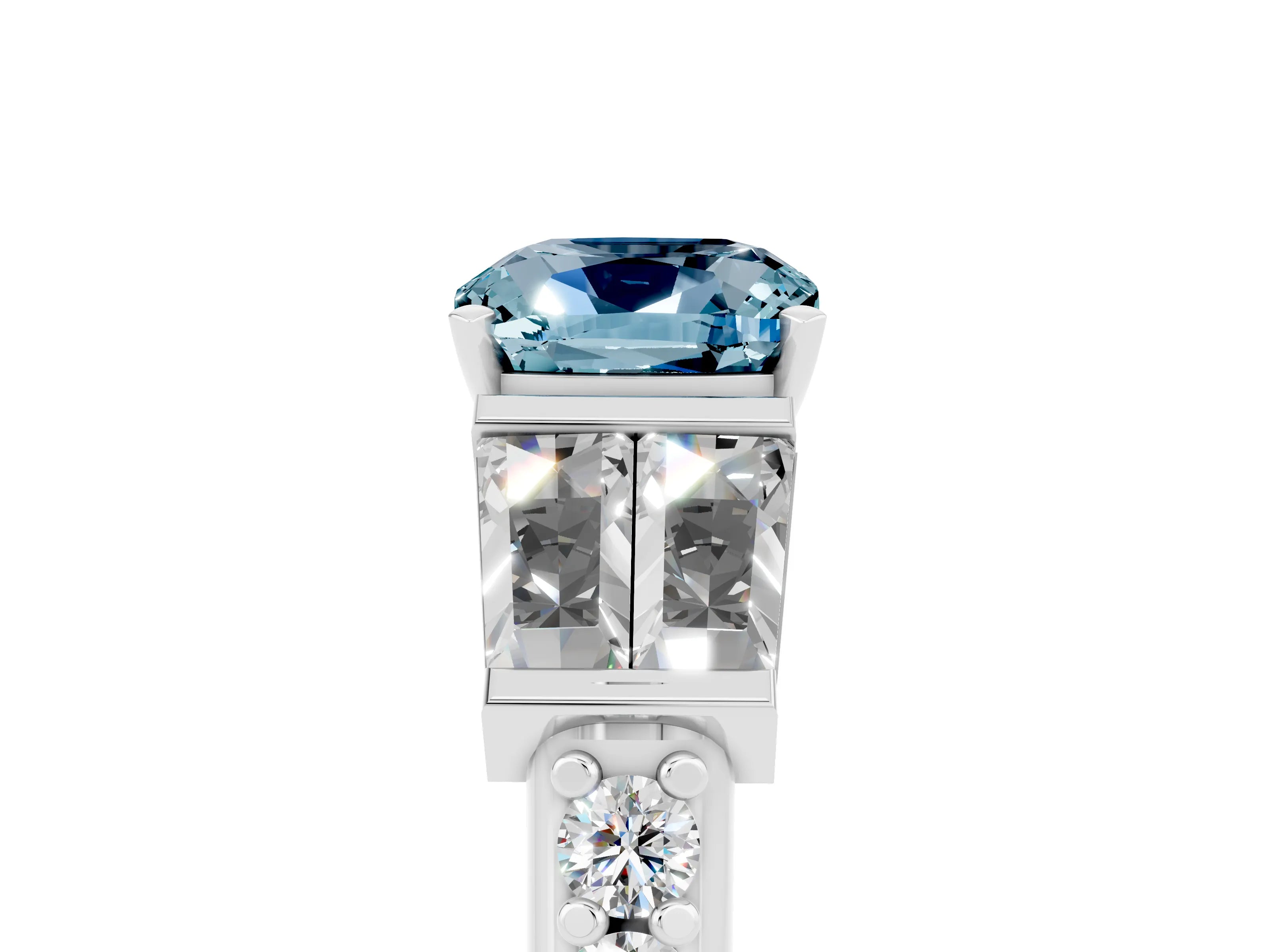 White gold Cushion Cut Aquamarine Engagement Ring with Baguette Side Stones and Channel Set Band_5