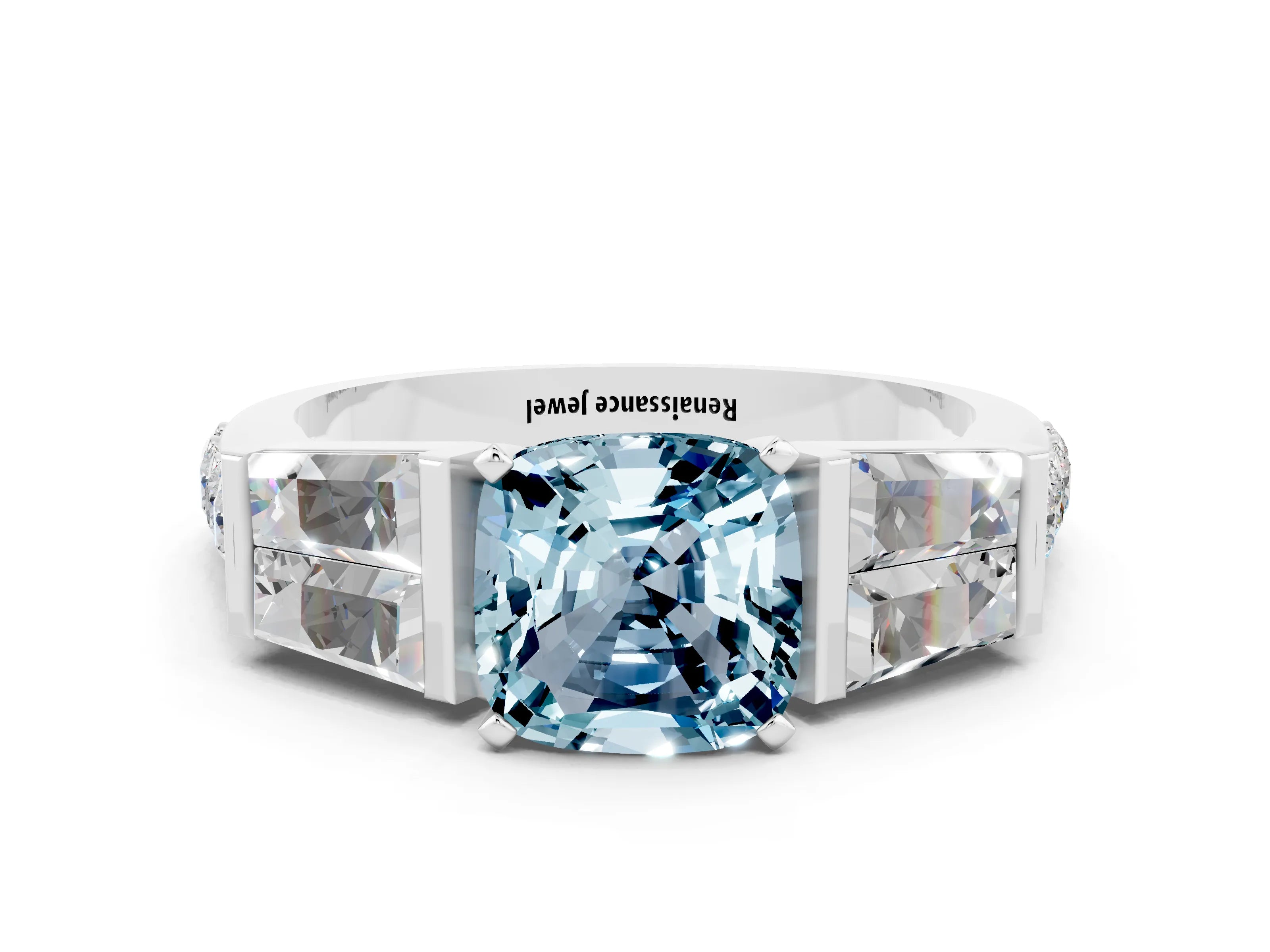 White gold Cushion Cut Aquamarine Engagement Ring with Baguette Side Stones and Channel Set Band