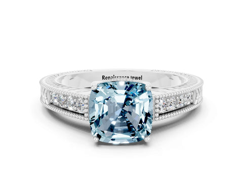 White gold Cushion Cut Aquamarine Engagement Ring with Milgrain Channel Set Band and Prong Setting