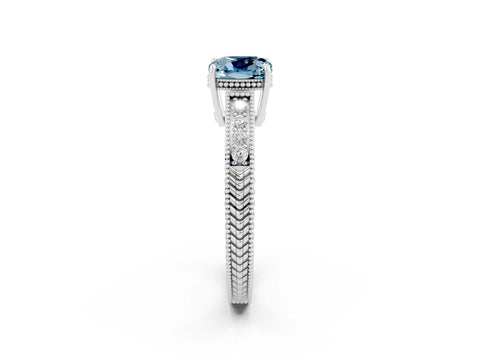 White gold Cushion Cut Aquamarine Engagement Ring with Milgrain Channel Set Band and Prong Setting_2