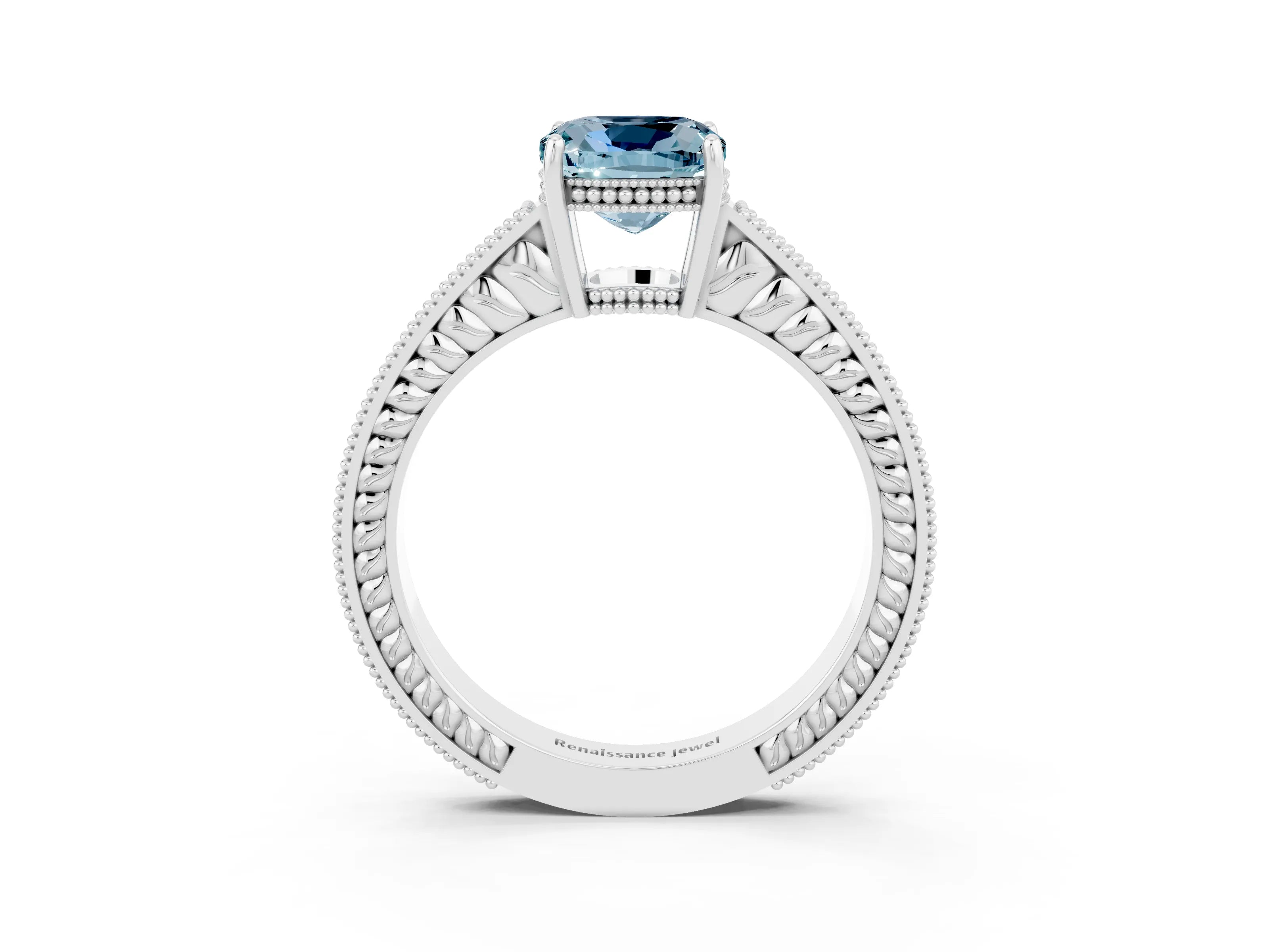 White gold Cushion Cut Aquamarine Engagement Ring with Milgrain Channel Set Band and Prong Setting_3