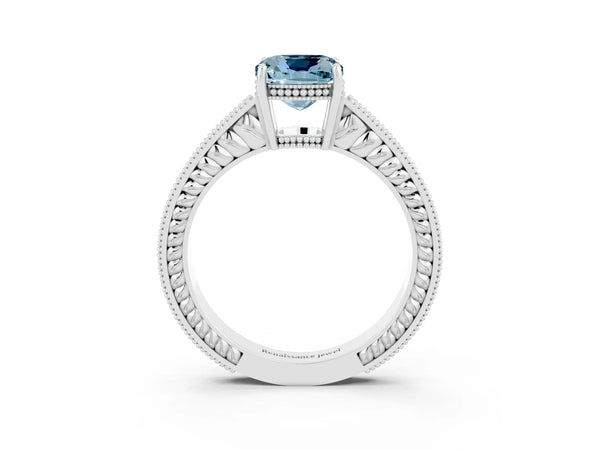 Silver Cushion Cut Aquamarine Engagement Ring with Milgrain Channel Set Band and Prong Setting