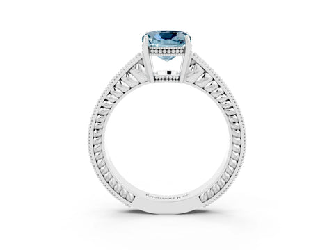 White gold Cushion Cut Aquamarine Engagement Ring with Milgrain Channel Set Band and Prong Setting_3