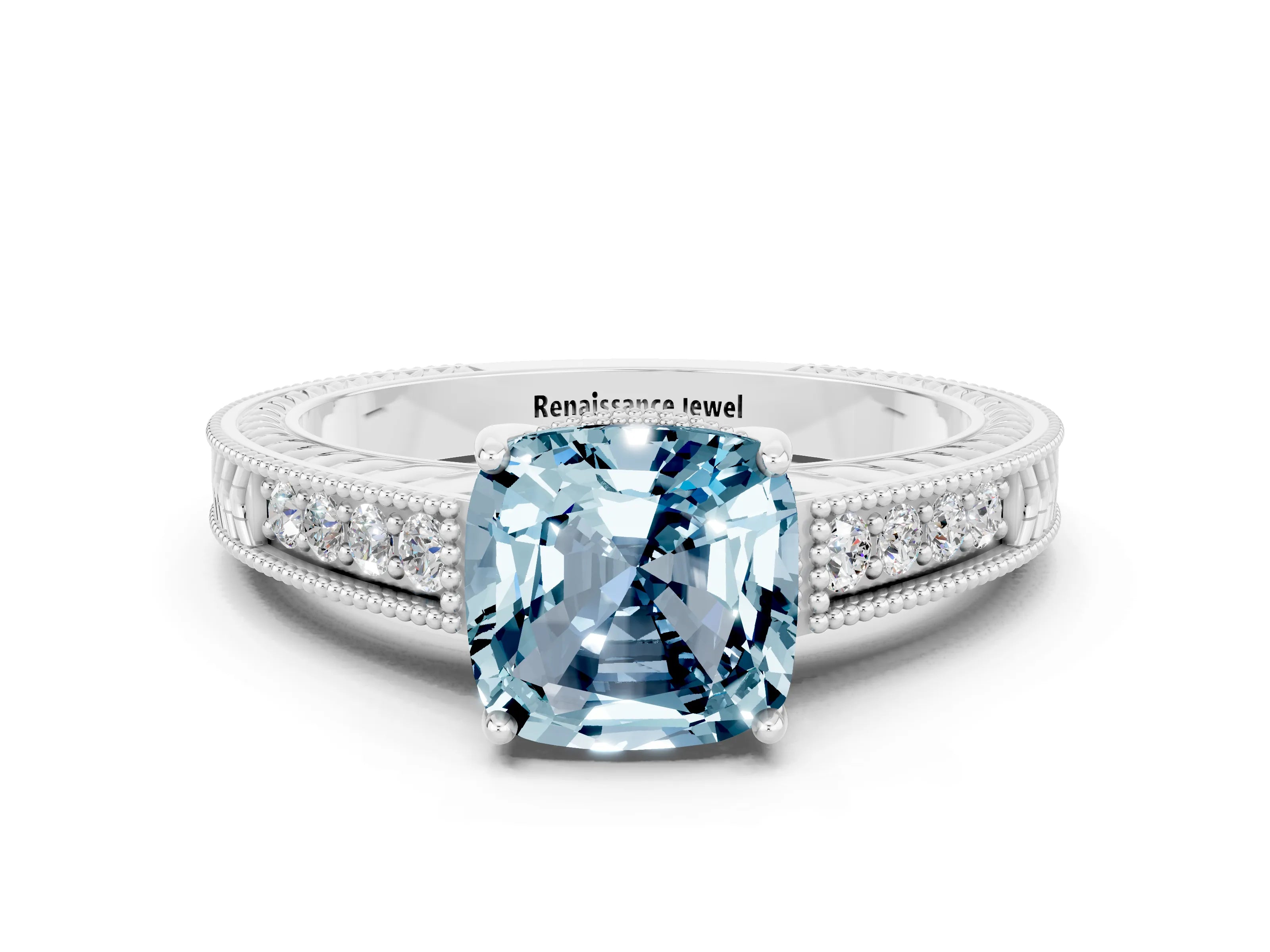 White gold Cushion Cut Aquamarine Engagement Ring with Milgrain Channel Set Band and Prong Setting